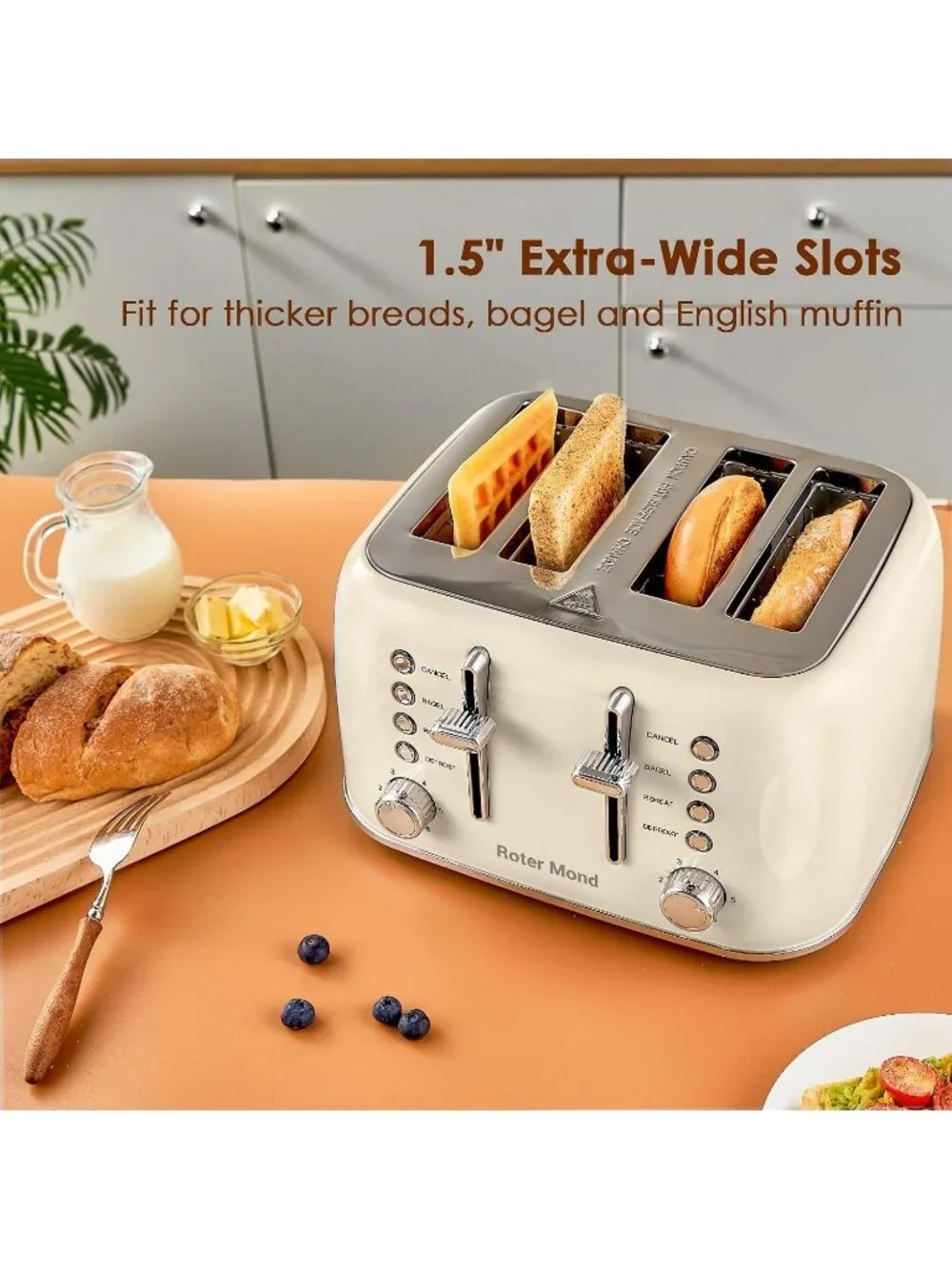 4 Slice Cream White Retro Stainless Steel with Extra Wide Slots Defrost Toaster